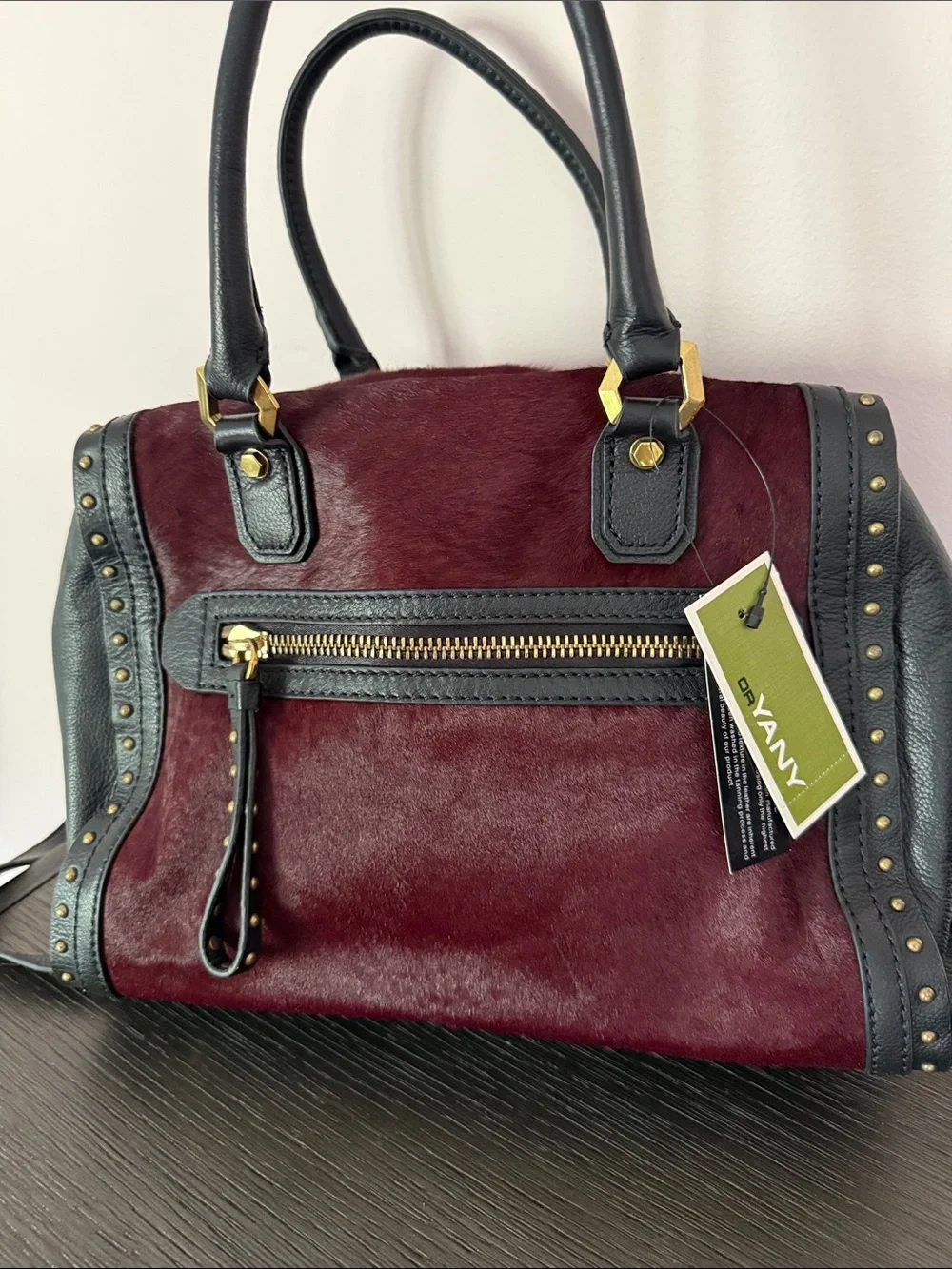 orYANY Burgundy Faux-Hair Satchel with Black Leather & Gold Hardware